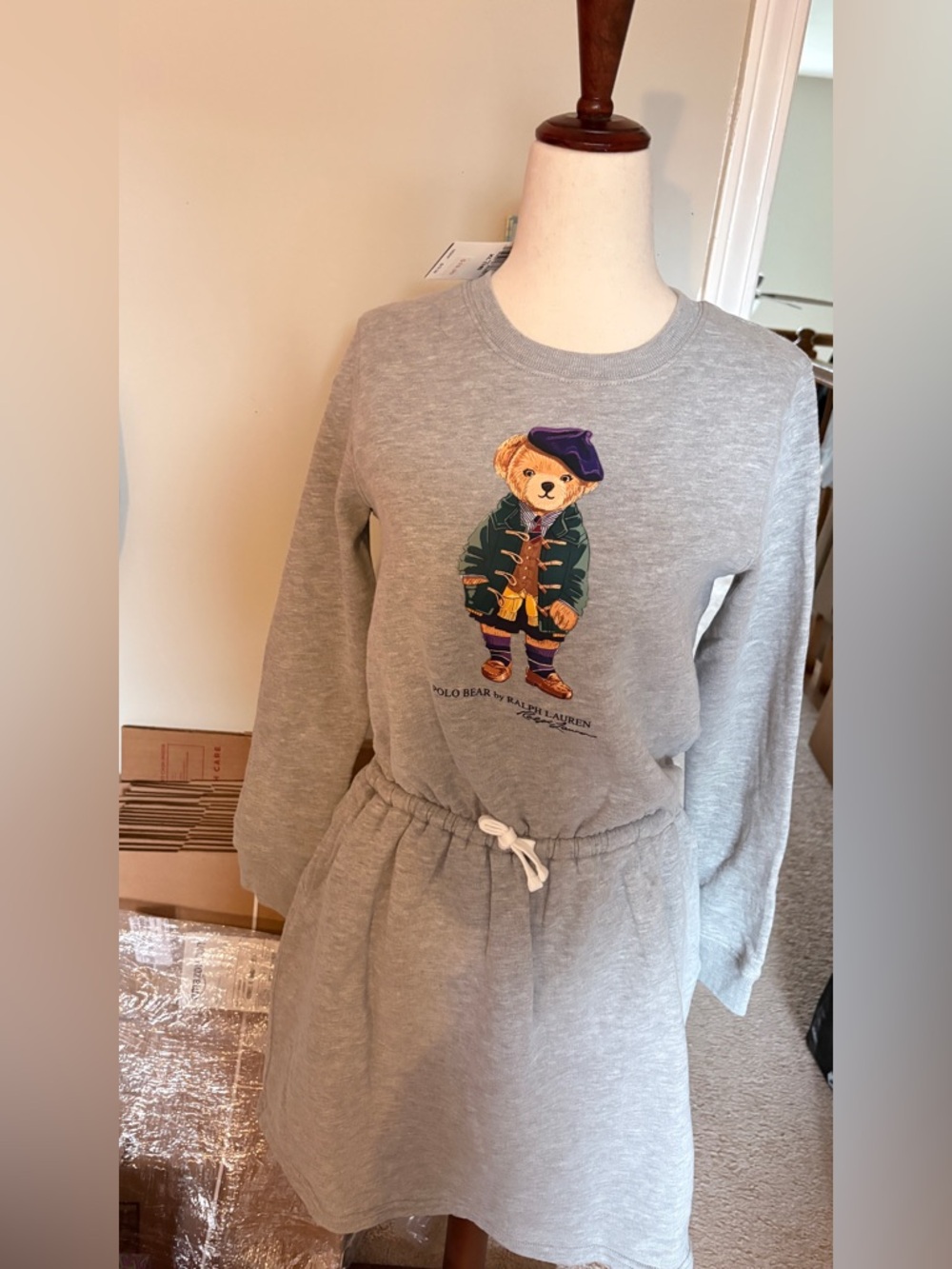 Ralph Lauren Girls Gray Sweatshirt Dress with Polo Bear Graphic XL 16